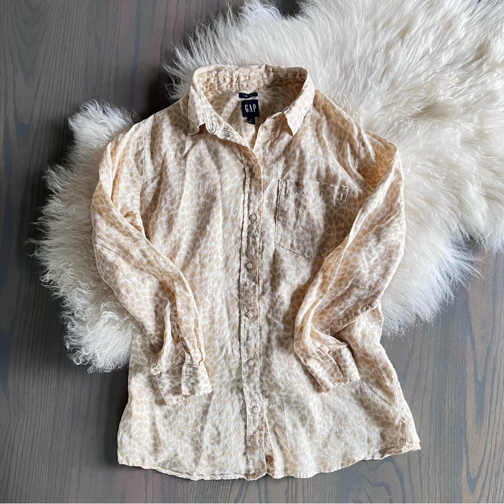 GAP Linen Button Front Long Sleeve Blouse Neutral Print Women’s Size Small
